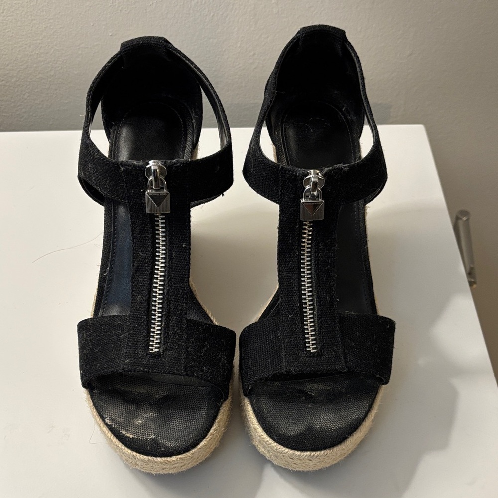 Michael Kors Black Espadrille Wedge Sandals with Silver Zipper — 7.5